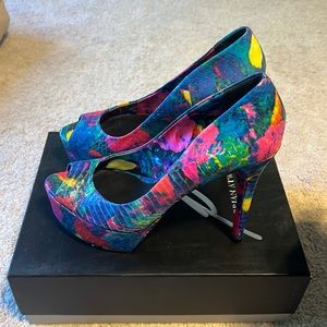Brian Atwood dark pink multicolored snake skin peep toe pumps